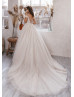 Short Sleeves Ivory Lace Tulle V Back Glitter Wedding Dress